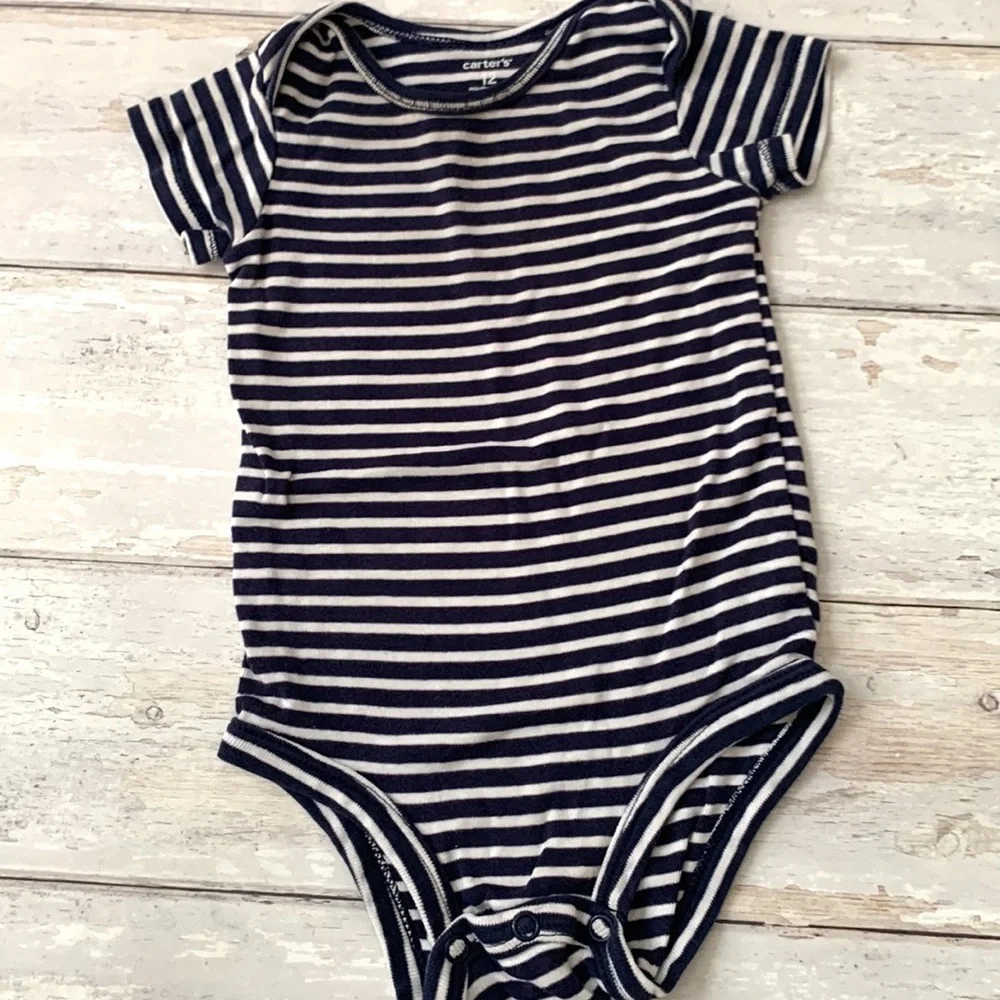 Carters 12m Baby Outfit Navy Blue Stripes Onesie Red Pants Sweatpants Kids Set